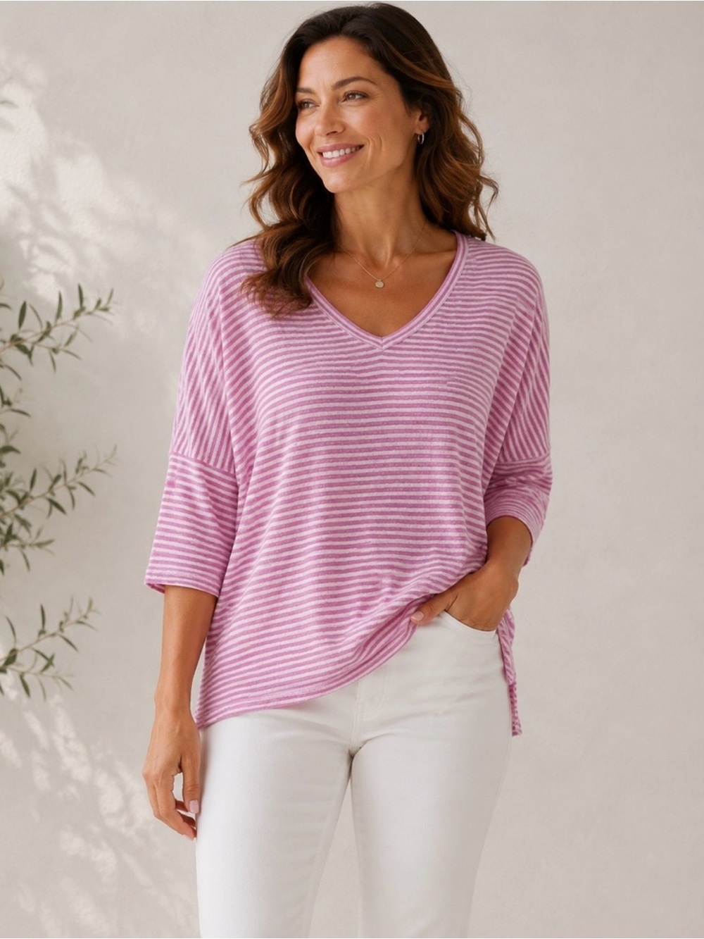 Chico’s V-Neck Pink Striped Lightweight 100% Linen Top. Relaxed fit. Chico’s 1.